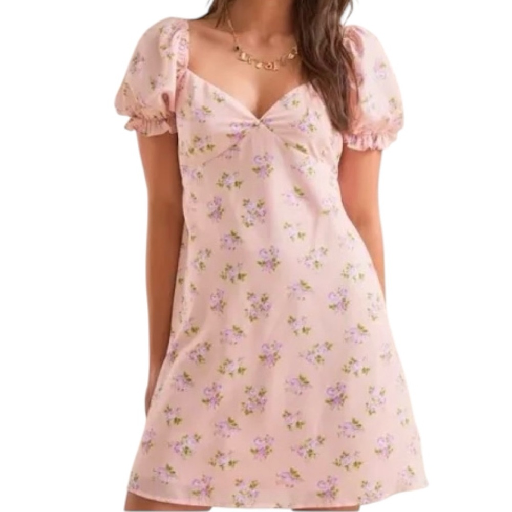 Altar’d State Marin Pale Pink Floral Y2K Babydoll Puff Sleeve Mini Dress